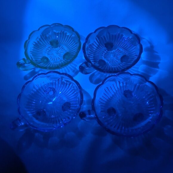 4 Set Depression Bowl Uranium Glass Pedestal Multicolor Black Green Pink Handle - Picture 14 of 15